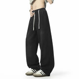 Washing Men's Denim Pants Drawstring Solid Color Casual Elastic Waist Streetwear Wide Leg Loose Male Simple Jeans