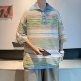New Trend Men Fashion Striped Polo Shirt Light Luxury Hollow Out Knitted T-shirt Korean Style Summer Casual Short Sleeve Tops