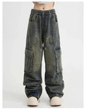 Spring High Street Men and Women Trendy Elastic Belt Work Clothes Jeans Couple Straight Tube Loose Water Washed Casual Pants y2k
