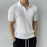 Casual Mens Knitted Polo Shirts Spring Summer Fashion Ribbed Solid Color Knit Tops Men Leisure Short Sleeve Knitting Jumper