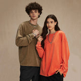 Spring New Trendy Batik Wash Long Sleeve T-shirt Men's Wear Round Collar Pullover Couple Top Vintage Tees Solid Color
