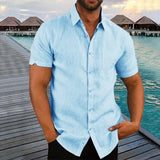 Hot Selling Cotton Linen Men's Short-Sleeved Shirts Summer Lightweight Solid Color Turn-down collar Casual Beach Style Plus Size