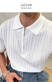 Zipper Knitted Short-sleeved Polo Shirt Men Summer American Retro Commuting Loose Vertical Striped Pit Strip Lapel T-shirt Men