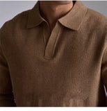 Men's American Retro Polo Sweater Luxury Trendy Business V Neck Knit Solid Color Pullover Leisure Slim-fit Long Sleeve Knitwear