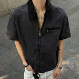 New Stylish Men's Shirt Short Sleeve Lapel Patchwork Collar Male Zipper Shirts Washed Summer Men Clothing Loose Fit