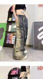 Street men and women trendy and personalized hip-hop straight leg washed gradient jeans for couples loose casual Harajuku pants