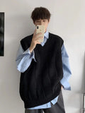 Men's Clothing Long Plaid Plain Knit Sweater Male Loose Fit Vest Sleeveless Waistcoat Solid Color Casual Maletry Japanese Retro