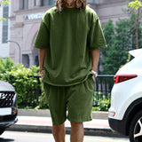 Spring Summer New Fashion Round Neck Long Sleeve Solid Youth Men's Clothing Korean Simplicity Trend All-match Chic Shorts Suits