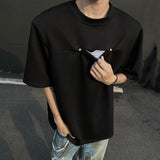 Patchwork Summer T-shirts Round Collar Double Button Korean Structure Striped Short Sleeve Shoulder Padded Male Tees