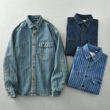 Heavy vintage washed vertical stripe denim shirt men's loose size cotton long sleeve shirt jacket
