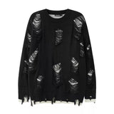 High Street Black White Two Sided Round Neck Knit Sweater Men's Autumn and Winter Hip Hop Oversized Perforated Ripped Knitwears