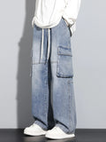 New Men's Baggy Straight Cargo Jeans Elastic Waist Vintage Blue Black Smoky gray Denim Pants Fashion High Street Male Trousers