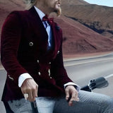 Burgundy Velvet Smoking Jacket for Men Slim Fit Double Breasted Casual Suit Blazer 1 Pcs Groom's Fashion Coat