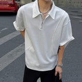 New Fashion Male T-shirt Short Sleeve Turn-down Collar Zipper Top Casual Solid Color Men Clothing Summer Trend