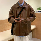 PU Leather Jacket Men Brown Retro Motorcycle Jacket Autumn Korean Fashion Fried Street Loose Zipper Bomber Jacket Learher Coats
