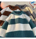 Striped Sweaters Men Fashion Loose Casual Autumn Winter Round Neck Panelled Couple Japanese Style Unisex Streetwear Knitting
