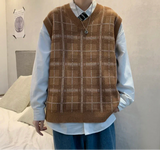Sweater Vest Men Japanese Plaid V-neck Knitwear Fashion All-match Sleeveless Spring Soft Ins Clothing Classic Minimalist Stylish