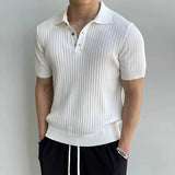 Casual Mens Knitted Polo Shirts Spring Summer Fashion Ribbed Solid Color Knit Tops Men Leisure Short Sleeve Knitting Jumper