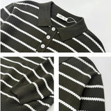 New American Trendy Men Polo Neck Sweaters Light Luxury Striped Knit Long Sleeve Pullover Tops High Quality Loose Knitwear M-3XL