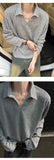 New American Retro Men Polo Shirt Luxury Knitted Solid Color V Neck Long Sleeve T-shirt Casual Premium Quality Textured Knitwear