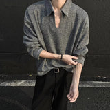 New American Retro Men Polo Shirt Luxury Knitted Solid Color V Neck Long Sleeve T-shirt Casual Premium Quality Textured Knitwear