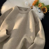 New Japanese Retro Men Knitted Sweater Light Luxury Casual O Neck Solid Color Long Sleeve Pullovers Loose High Street Knitwear