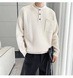Korean Popular Men's Henry Collar Sweater Light Luxury Knit Long Sleeve Button Pullover Trending Jacquarded Solid Color Knitwear