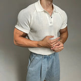 New Trend Men Polo Shirt Leisure Vintage High Quality Knit T-shirt American Style Chic Breathable Button Short Sleeve Knitwear