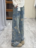 American hip-hop men and women trendy retro floral print straight leg jeans for couples loose and wide leg casual pants y2k