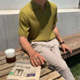 Summer Men's Ice Silk Striped Solid Color Polo Shirt V-Neck Short Sleeve Knitwear T-shirts New Luxury Casual Polos Homme