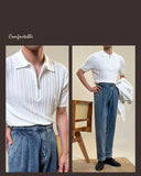 Zipper Knitted Short-sleeved Polo Shirt Men Summer American Retro Commuting Loose Vertical Striped Pit Strip Lapel T-shirt Men