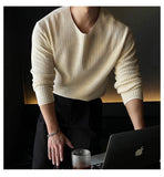 New Korean Fashion Men T-shirt Luxury Knitted Solid Color O Neck Long Sleeve Tees Casual Premium Quality Textured Knitwear M-3XL