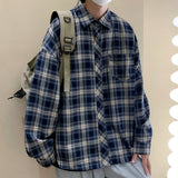 Shirts Men Clothing Plaid Long Sleeve Autumn Cool Navy Blue Japanese Retro Harajuku Students Preppy Stylish Handsome Kpop Casual