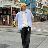 Brushed American Blue Striped Short Sleeved Shirt with Raw Edges for Men and Women's Casual Shirts Casual Streetwear