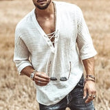 Men's T-shirt Short Sleeve Chest Lace-up T-shirt Loose Top Summer V-Neck Medieval Tunic Top