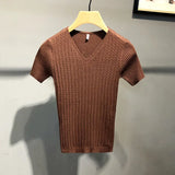 Men  Summer New V Neck Knitted T-Shirts Men Clothing Slim Fit Casual Tops Male Short Sleeve Tee Shirt  Streetwear N02