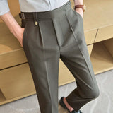 Men's Fashion High Waist Suit Pants England Style Slim Fit Long Toursers Male Quality Daily Work Casual Bottoms Wear Adjustable