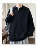 Korean Style Men's Polo Sweater Light Luxury Textured V-neck Knit Long Sleeve Pullover Autumn Casaul Trendy Male Clothing M-3XL