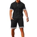 Summer Men's Sports Suit Lapel Button Striped Patchwork Short Sleeve Polo Shirt And Shorts Suit Casual Plus Size Men's Clothing