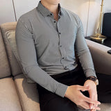 High Elasticity Men Stripe Shirt Spring British Style Anti-wrinkle High-EndSoft Solid Casual Slim Fit Long Sleeved Shirt
