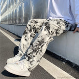 Mens Jean Fashion Printed jeans Spring Mopping Trousers Jeans Korean Style High Street Loose Hip Hop Wide-leg Jean Pants