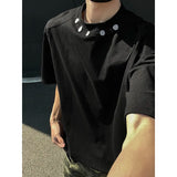 Summer New Metal Button Men's T Shirt High Quality Cotton Short Sleeve Tops Breathable Round Neck Loose Black White Tee
