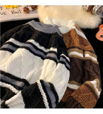 American autumn and winter street fashion personalized jacquard round neck pullover for couples loose retro color blocked knit