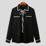 Men Casual Shirt Patchwork Lapel Long Sleeve Korean Style Men Clothing Streetwear Lace Up Elegant Shirts S-5XL