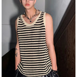 Summer New Niche Knitted Hollow Striped Vest Men Spaghetti Straps O-Neck Casual Loose Retro Couple Knit Sweater Vest