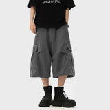 Summer Cotton Casual Pants Men Pocket Cargo Pants Men Japanese Streetwear Hip-hop Loose Wide Leg Pants Mens Calf-Length Pants