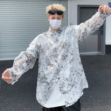 Fashion Hollow out Printed Shirt Men Long Sleeve Transparent Casual Loose Tops Streetwear Lapel Tops Sun-proof Clothing