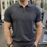 New Men Fashion Tops American Style Light Luxury Knitted Zipper Polo Shirt Casual Fitness Solid Color Short Sleeve Fitness Tees