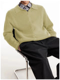 New American Retro Men Polo Sweater Luxury Trendy Jacquarded V Neck Knit Solid Color Pullover Leisure Loose Long Sleeve Knitwear
