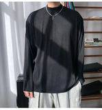 Long Sleeved T-shirt Men Casual Pleated T Shirt Men Japanese Streetwear Loose Ice Silk T Shirt Mens Stand Up Collar Tshirt